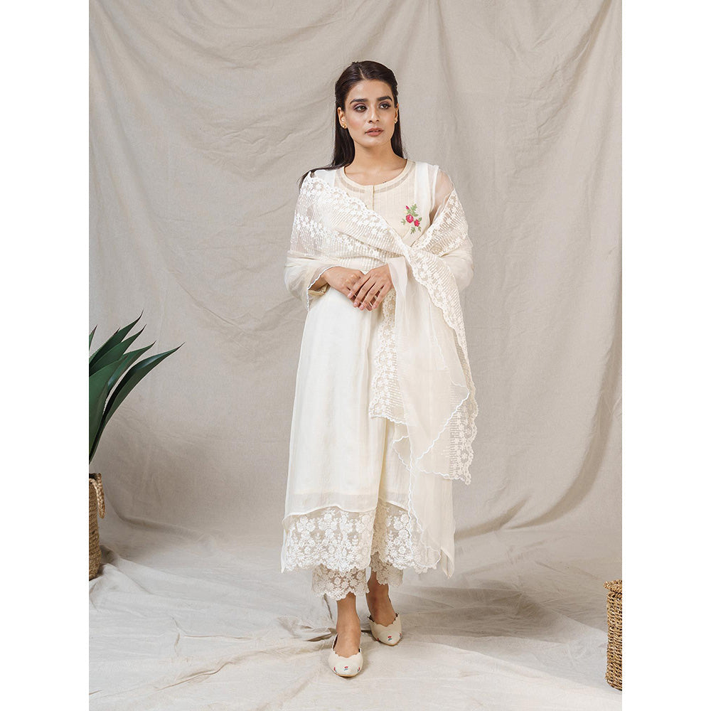 Little Wish Snow Drop White Kurta With Pant And Dupatta (Set of 3)