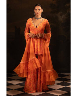 Little Wish Tangerine Georgette Kurti Sharara with Dupatta (Set of 3)