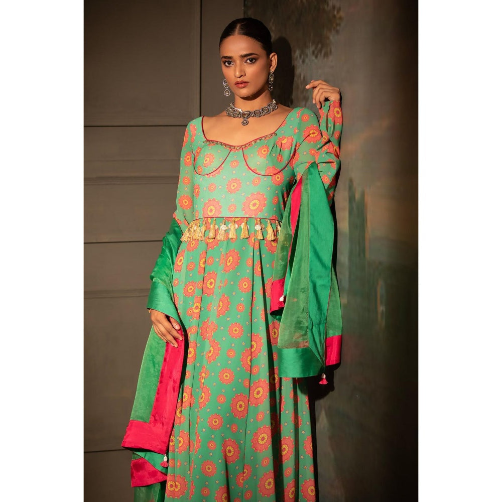 Little Wish Green Georgette Anarkali Pant with Dupatta (Set of 3)