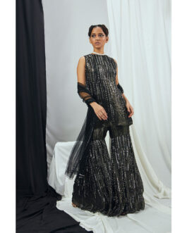 Little Wish Carbon Hand Embroidered Lurex Kurti with Sharara and Dupatta (Set of 3)