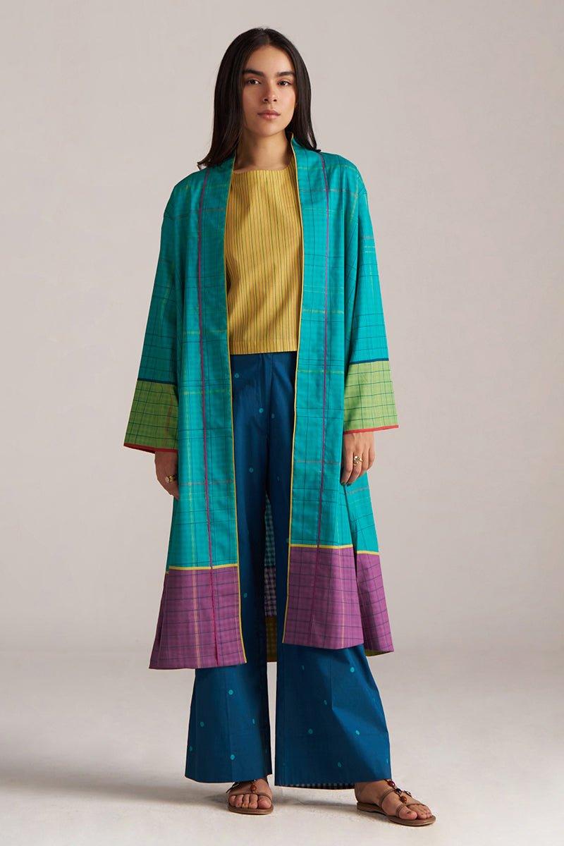 Navigate Blue Checkard Kimono With Moss-Yellow Top and Blue Bottom Co-ord Set