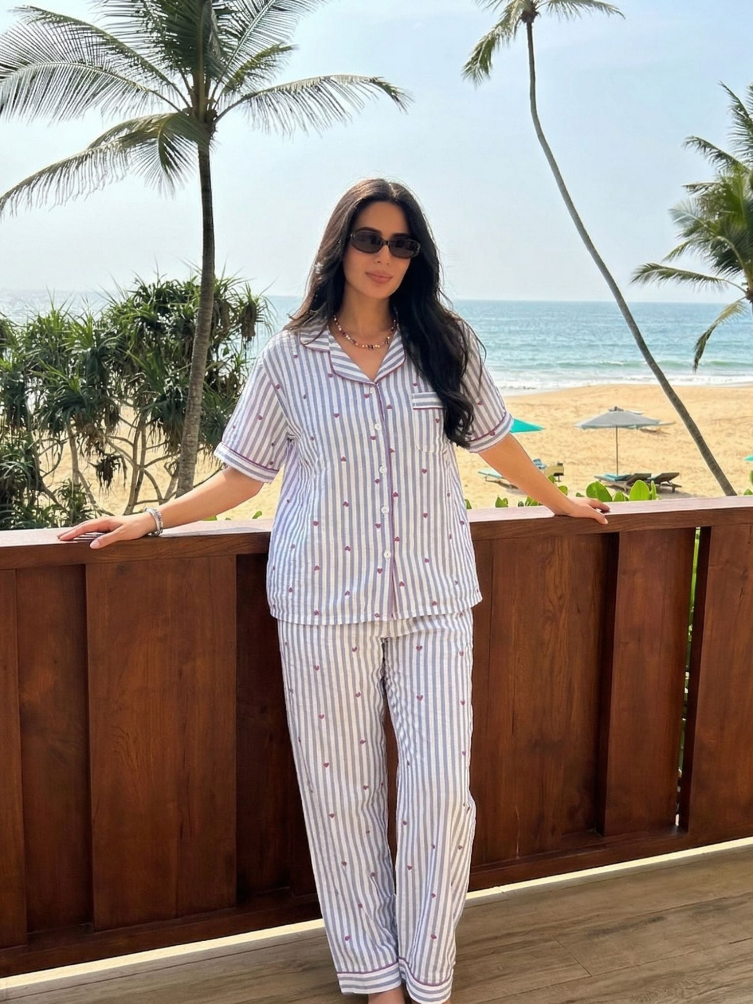 Blue Stripe Heart Cotton Nightsuit