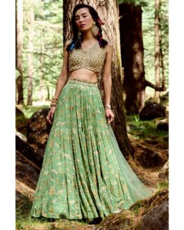 Little Wish Fern Green Bagh Print Lehenga (Set of 4)