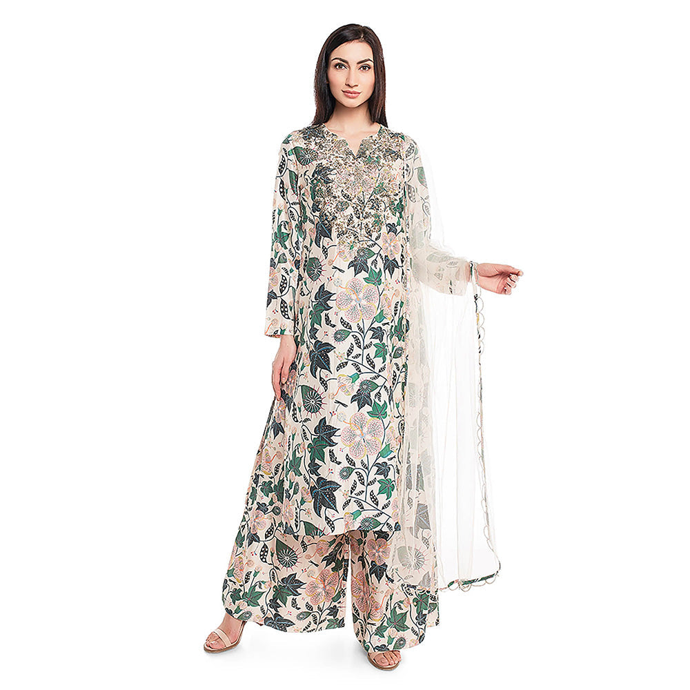 Little Wish White Printed Kurta with Palazzo and Dupatta (Set of 3)