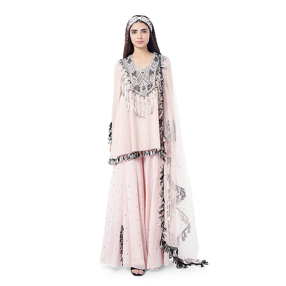 Little Wish Rose Pink Embroidered Kurta with Sharara and Dupatta (Set of 3)