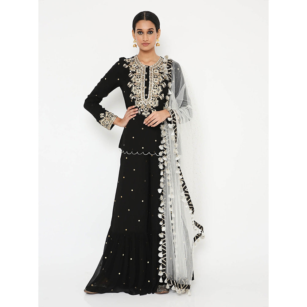 Little Wish Black Mukaish Short Kurta with Sharara and Dupatta (Set of 3)