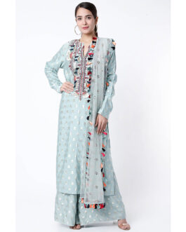 Little Wish Blue Embroidered Kurta with Palazzo and Dupatta (Set of 3)