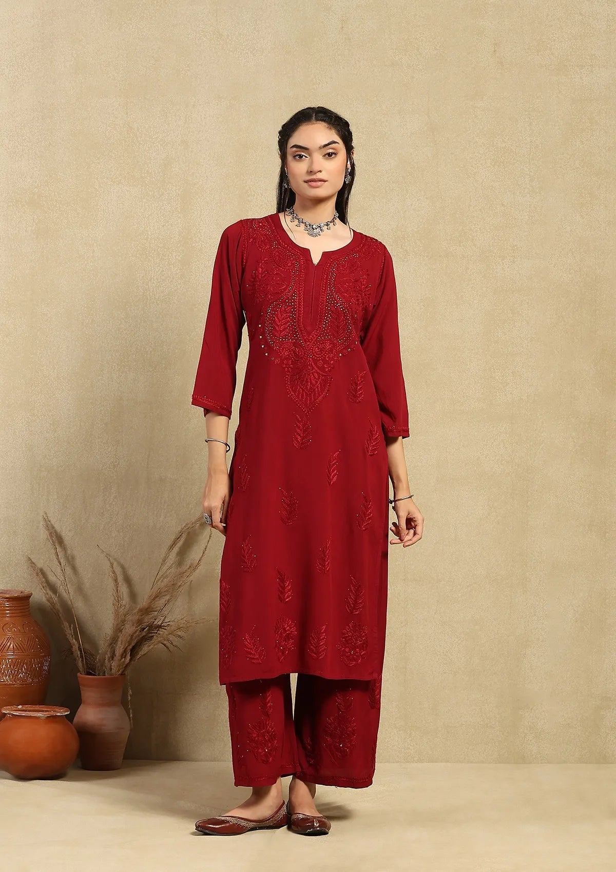 Little Wish Rayon Chikankari Mukaish Solid Women's 2PC Long Kurta Set-Maroon