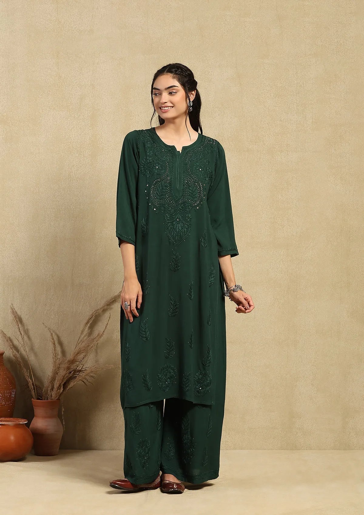 Little Wish Rayon Chikankari Mukaish Solid Women's 2PC Long Kurta Set - Dark Green