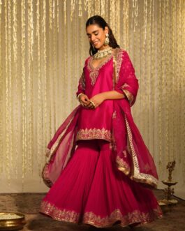 Rani Hotpink Short Kurta With Garara And Dupatta