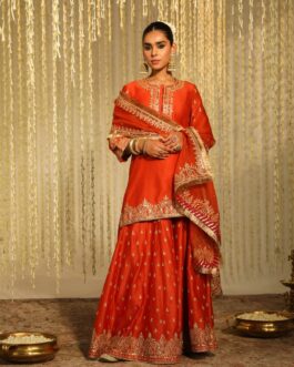 Burnt Orange Kurta With Sharara And Dupatta