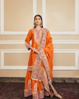 Orange Short Kurta With Sharara And Odhni