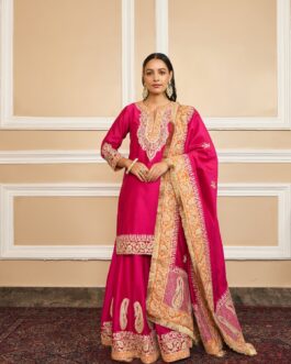 Rani Hotpink Short Kurta With Sharara And Odhni