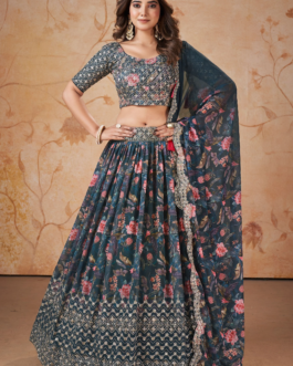Women Blue Faux Embroidery Lehenga Set