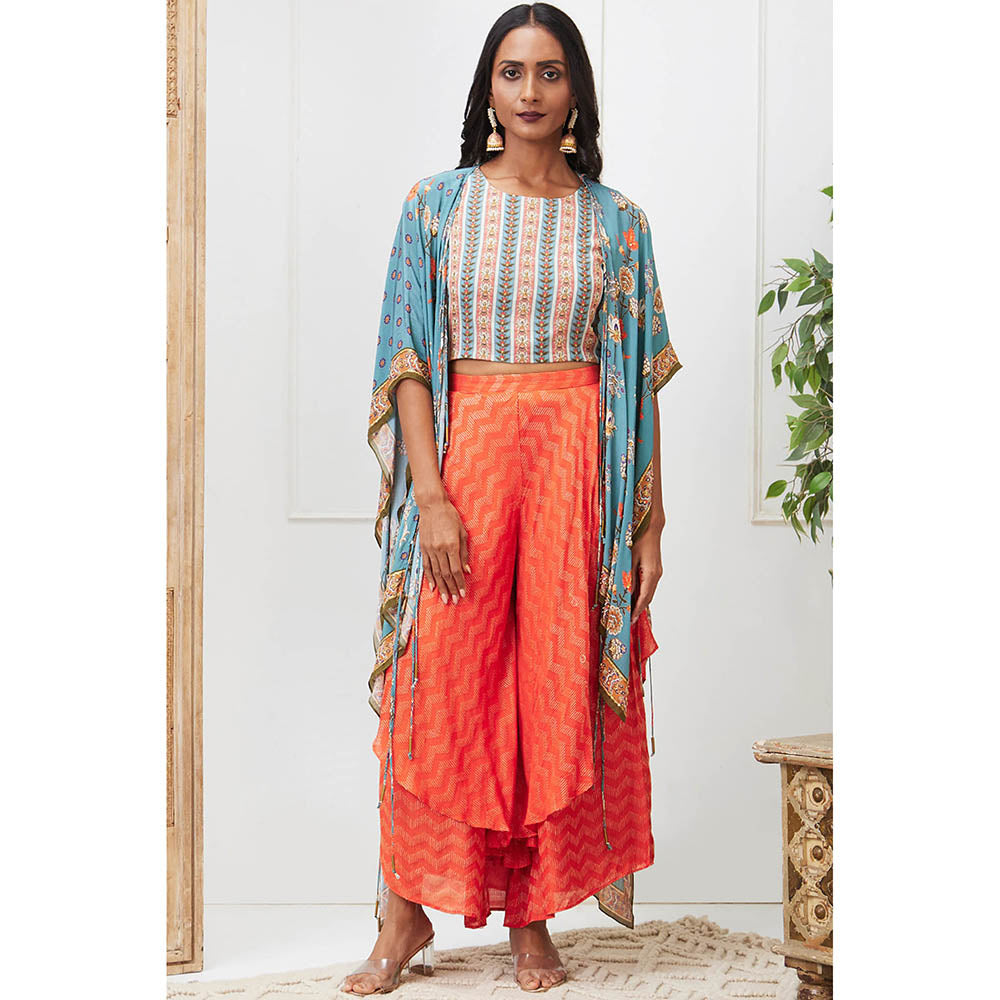 Little Wish Tabriz Multi-Color Floral Crop Top with Palazzo and Jacket (Set of 3)