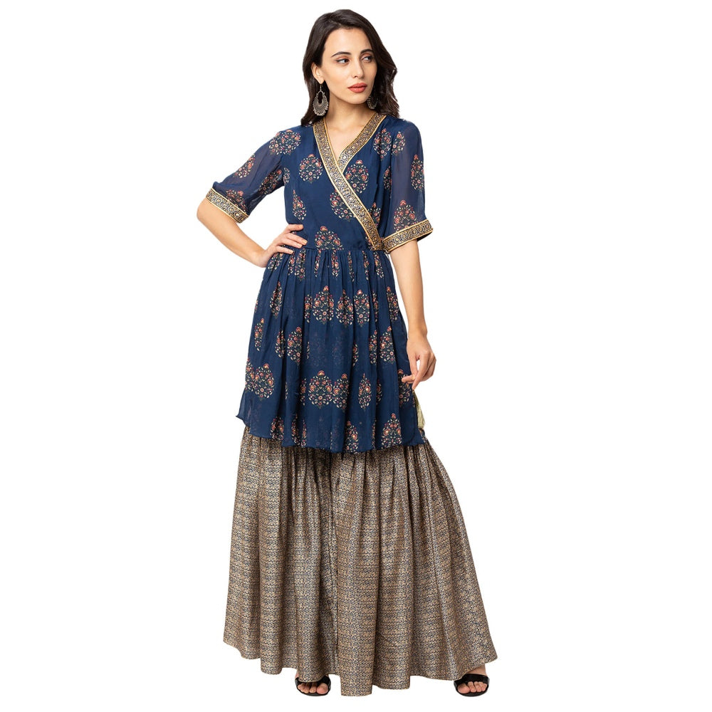 Little Wish Navy Blue Printed Wrap Top With Peplum (Set of 2)