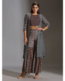 Little Wish Crop Top With Tassel Detail Paird With Sharara And Jacket (Set of 3)