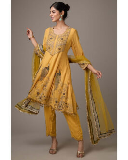 Little Wish Mustard Georgette Peacock Hand Embroidered Anarkali with Pant and Dupatta (Set of 3)