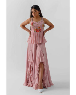 Little Wish Womens Pink Floral Print Peplum Top and Palazzo (Set of 2)