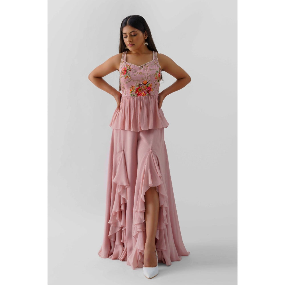 Little Wish Womens Pink Floral Print Peplum Top and Palazzo (Set of 2)