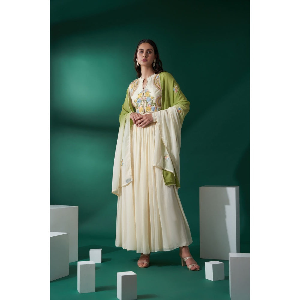 Little Wish Womens Green Embroidered Jacket with Anarkali Kurta and Dupatta (Set of 3)