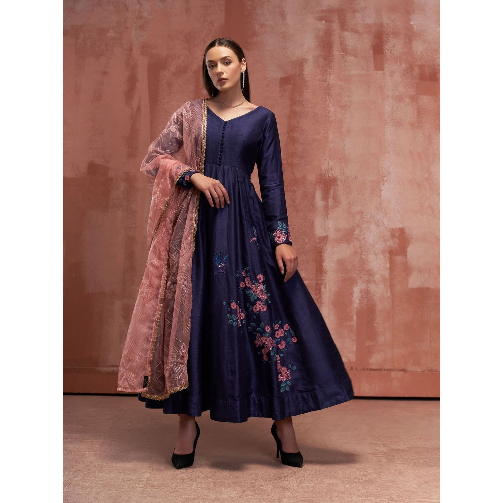 Little Wish Womens Navy Blue Embellished Anarkali Kurta and Dupatta (Set of 2)