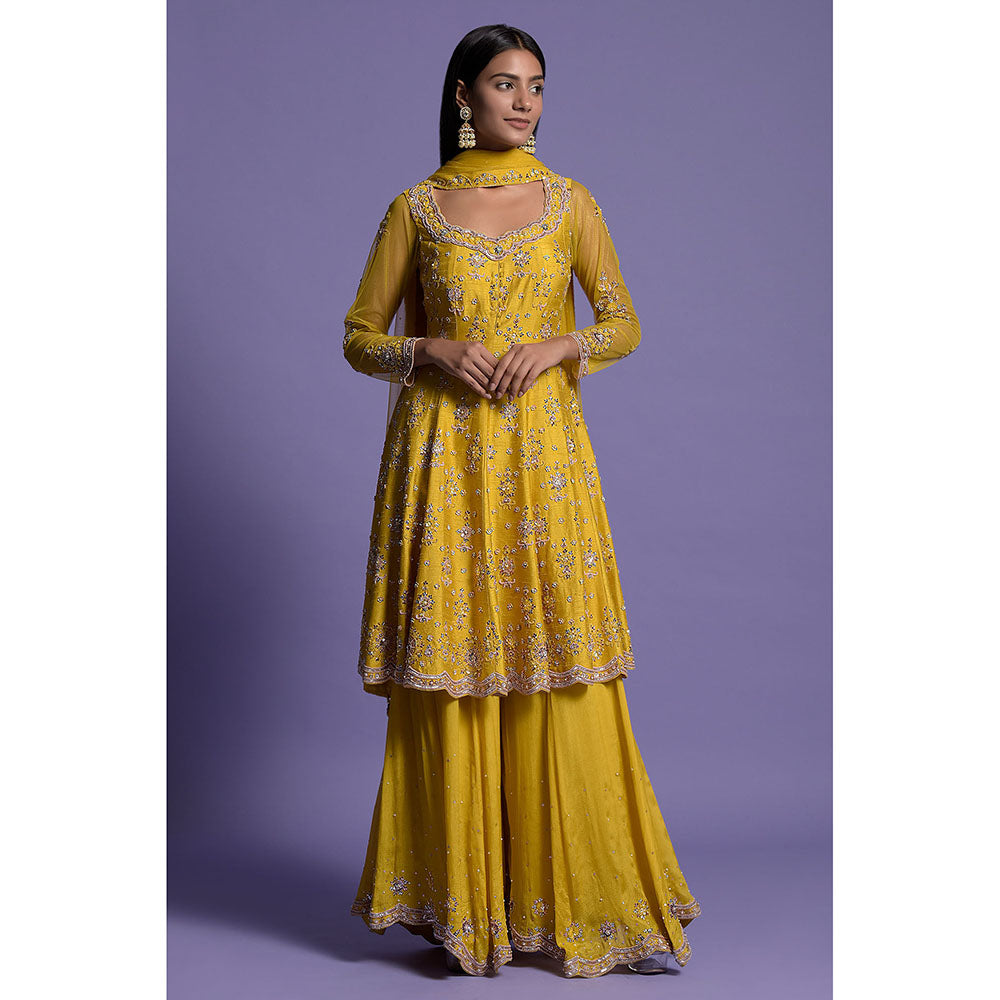 Little Wish Yellow Silk Embroidered Sharara with Kurta and Dupatta (Set of 3)