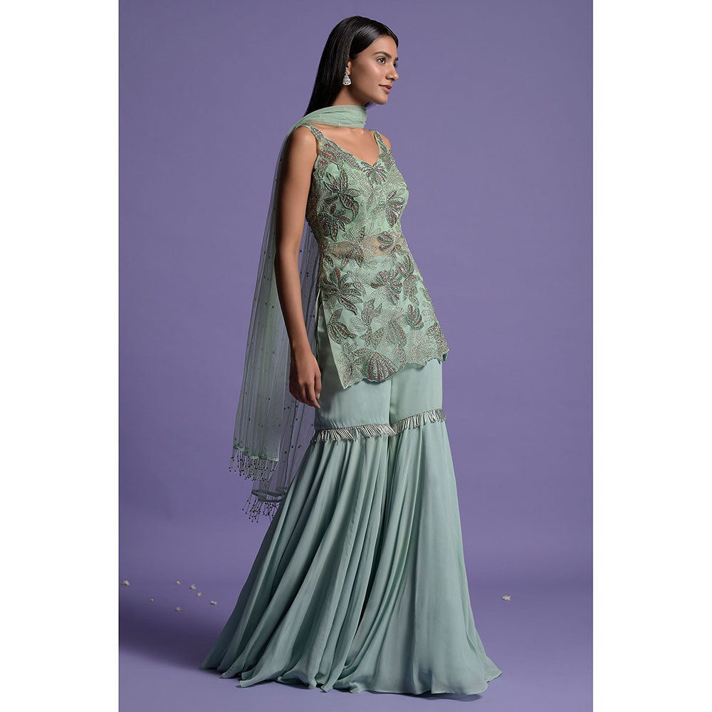 Little Wish Mint Green Georgette Kurti with Gharara and Dupatta (Set of 3)