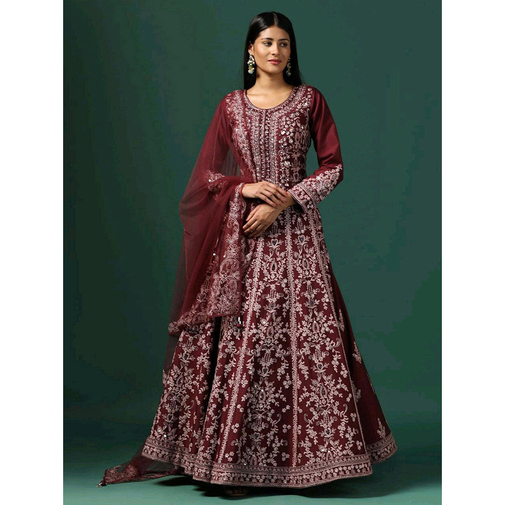 Little Wish Maroon Embroidered Anarkali with Dupatta (Set of 2)