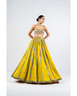 Little Wish Moss Green Mirror Seam Lehenga & Dupatta with Metallic Blouse (Set of 3)