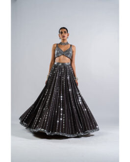 Little Wish Charcoal Grey Drop Lehenga with Metallic Blouse & Dupatta (Set of 3)