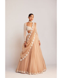 Little Wish Beige Pearl Embellished Lehenga with Blouse & Dupatta (Set of 3)