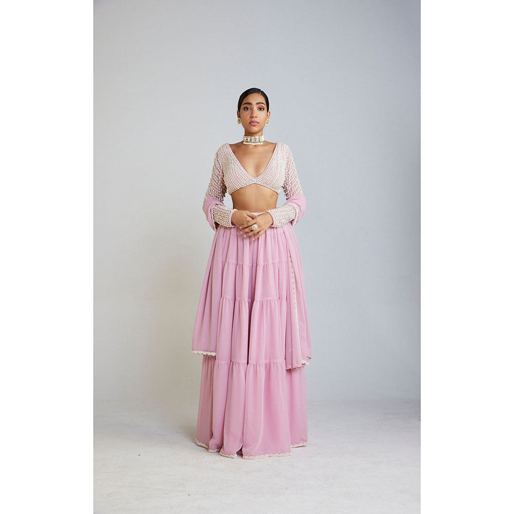 Little Wish Powder Pink Pearl Drop Full Sleeve Blouse with Sharara and Dupatta (Set of 3)