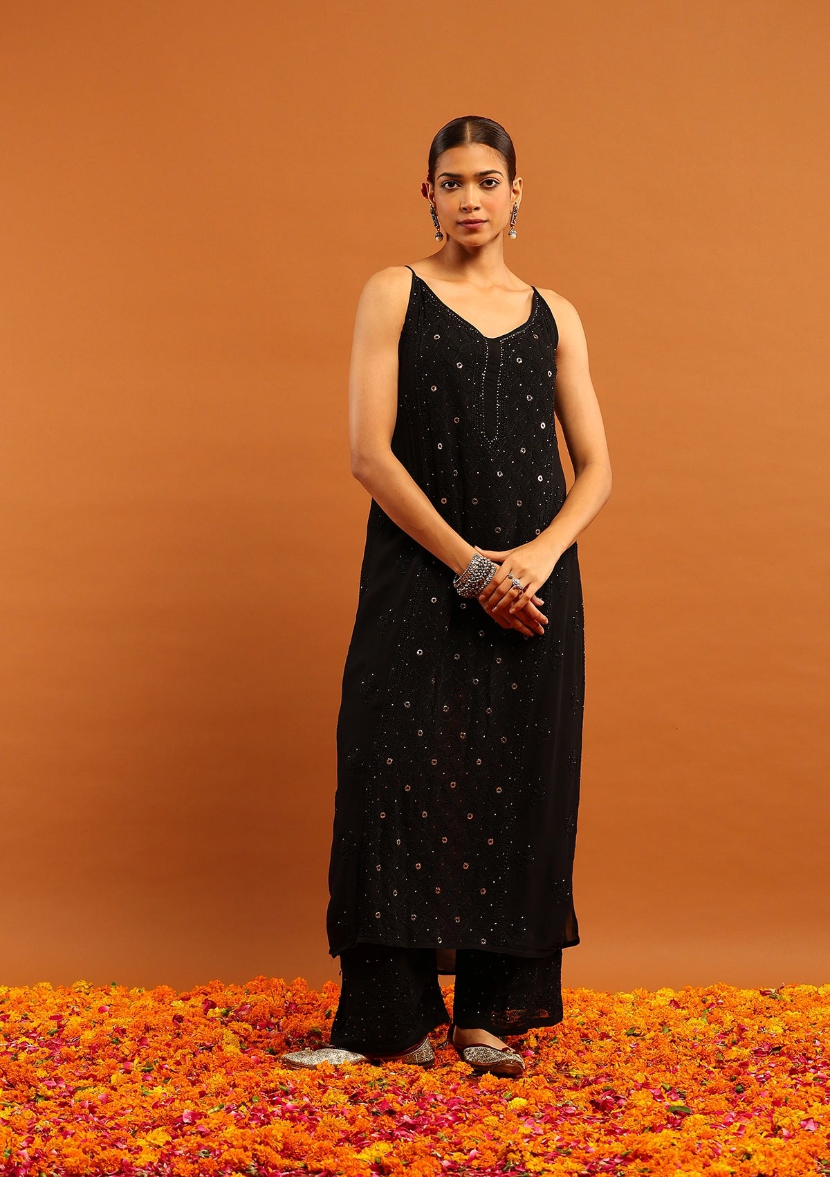 Little Wish Viscose Georgette Chikankari Mukaish & Kamdani Solid Women's 3 PC Long Kurta Set-Black