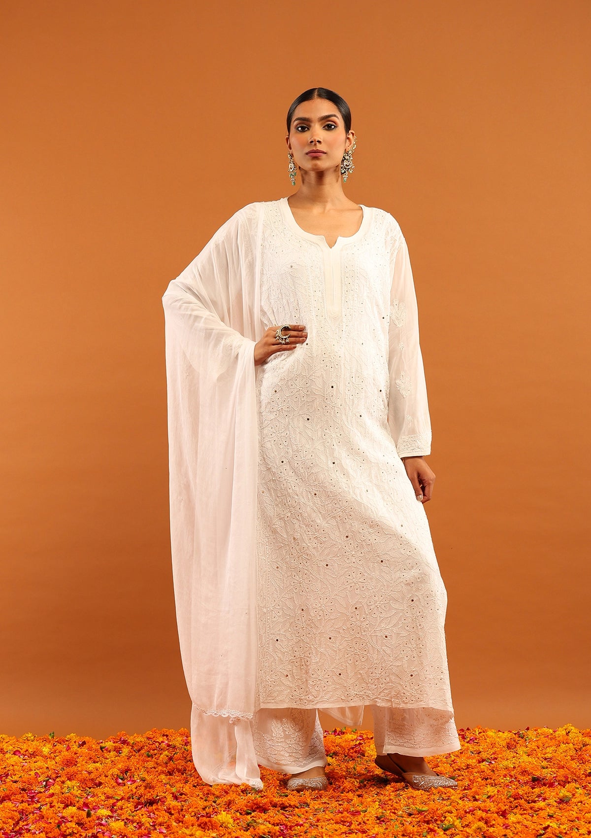 Little Wish Viscose Georgette Chikankari Mukaish & Kamdani Solid Women's 4 PC Long Kurta Set-White