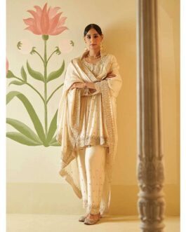 Little Wish Ivory Chanderi Silk Anarkali Kurta with Pant and Dupatta (Set of 3)
