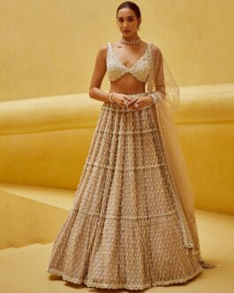 Beige Gold Tiered Georgette Lehenga