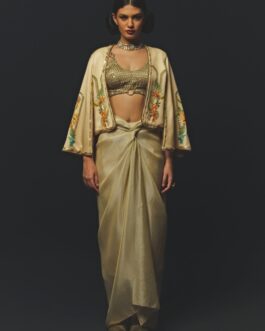 Beige Linen Satin Drape Skirt Set With Blazer