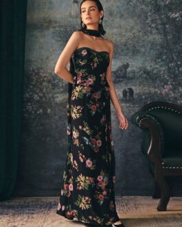 Black Printed Chiffon Drape Skirt With Corset