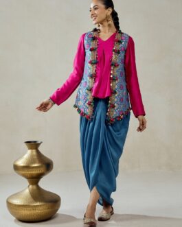 Blue And Pink Patola Silk Dhoti Skirt Set