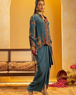 Blue Embroidered Crepe Drape Skirt Set