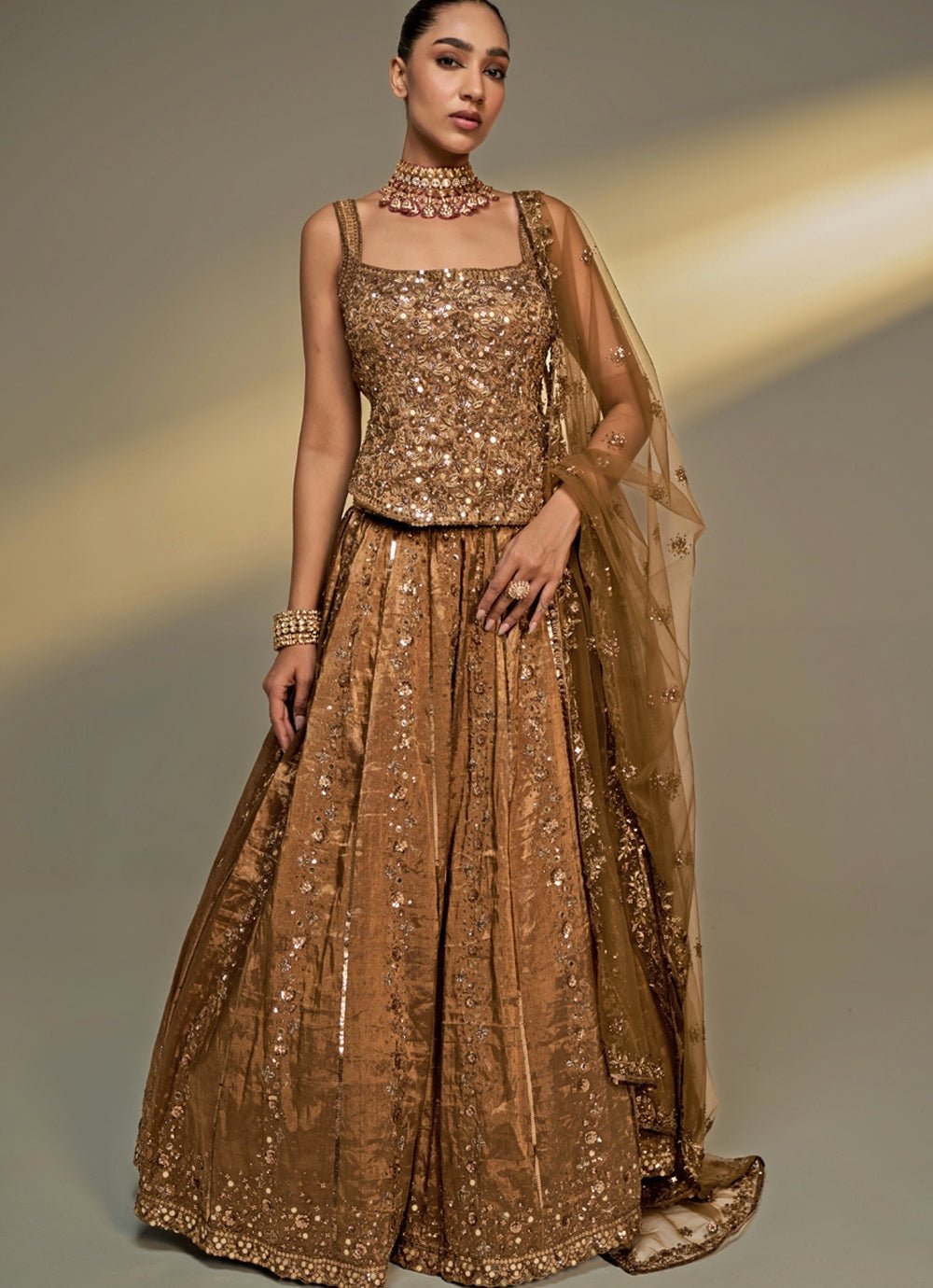 Copper Gold Embroidered Corset Lehenga