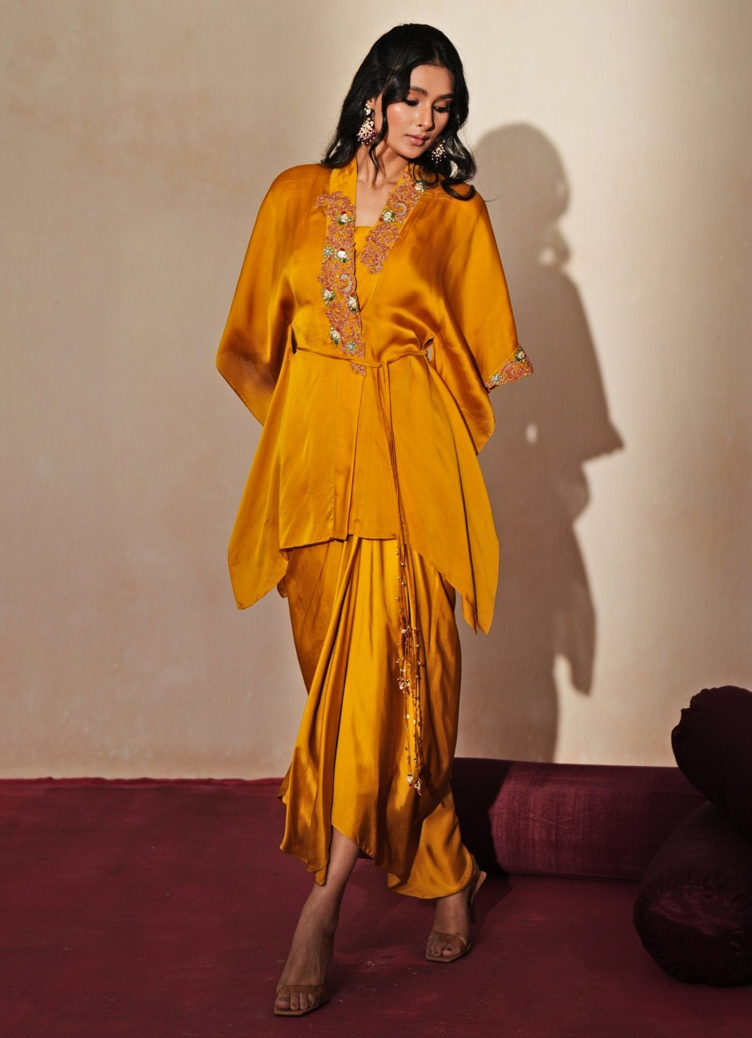 Golden Yellow Embroidered Satin Drape Skirt Set