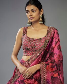 Women Pink Organza Printed Lehenga Set