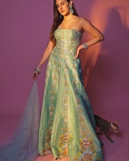 Green And Blue Silk Corset Pants Set