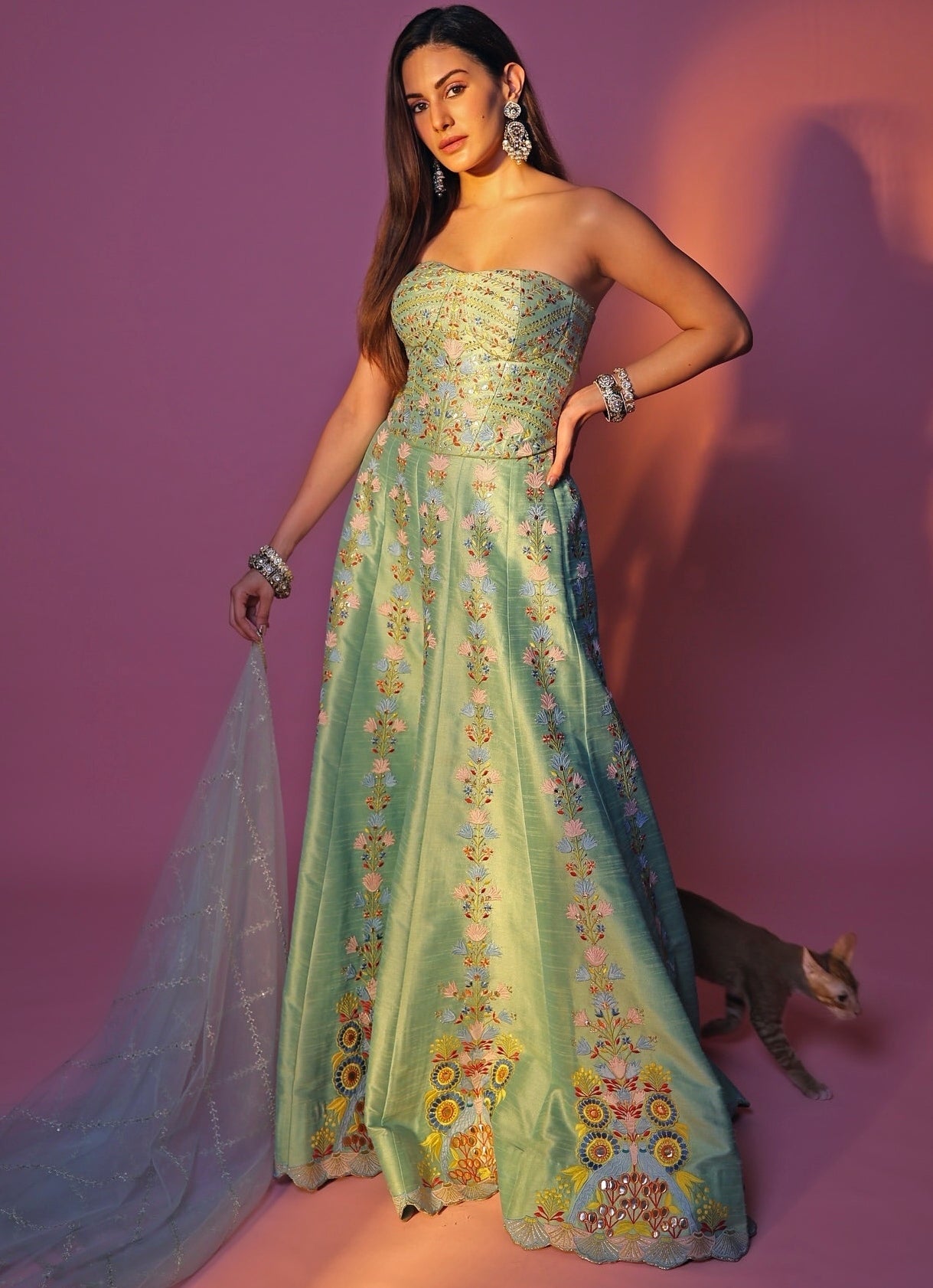 Green And Blue Silk Corset Pants Set