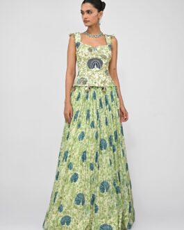Green Printed Silk Lehenga Set With Embroidered Corset