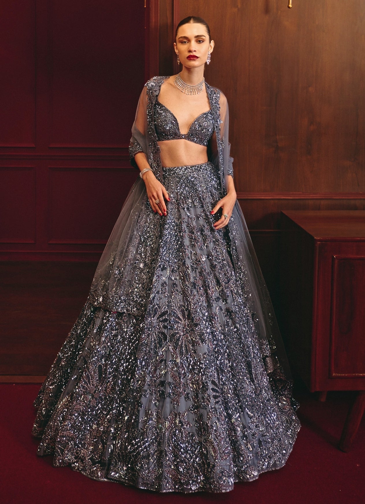 Grey Soft Net Lehenga