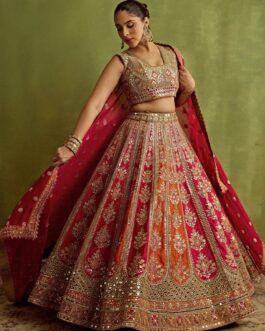 Hot Pink And Orange Gota And Mirror Embroidered Silk Lehenga
