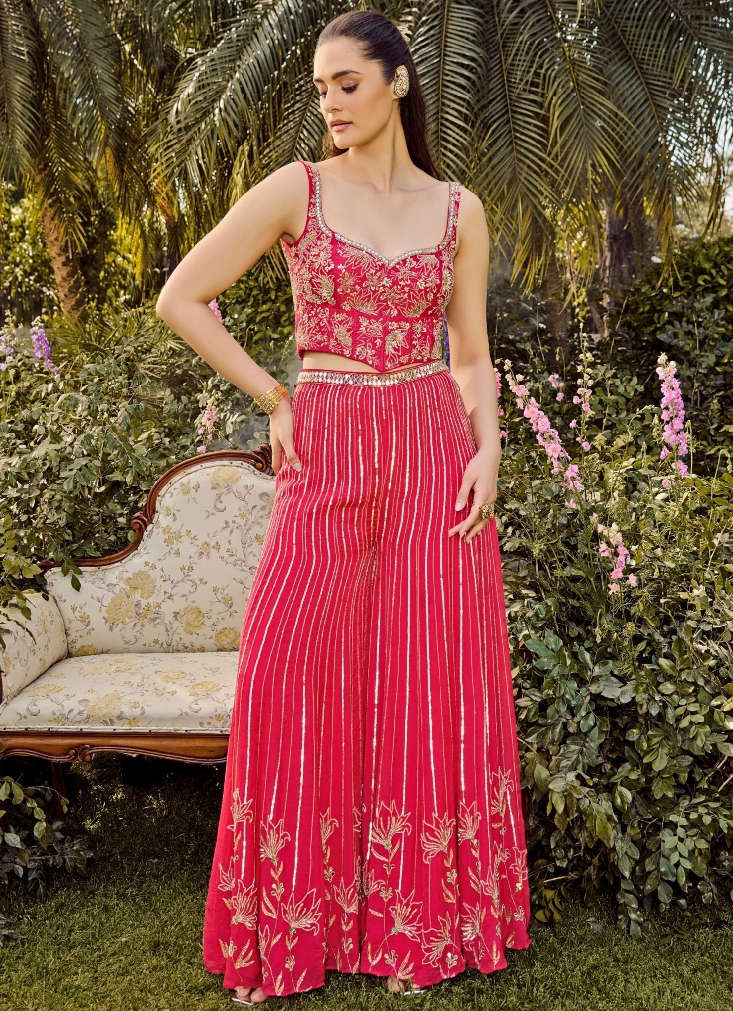 Hot Pink Embroidered Corset Pants Set